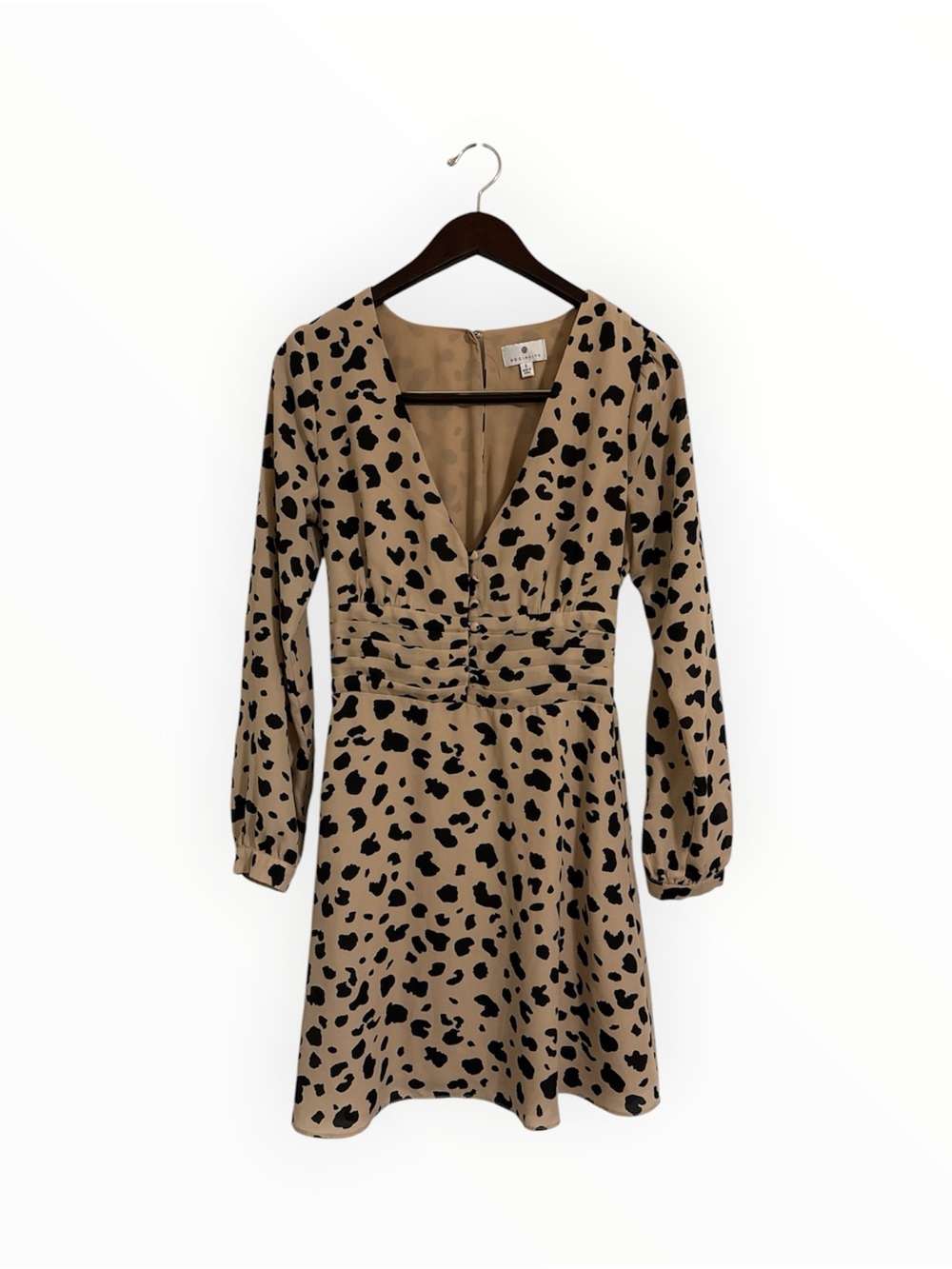 Socialite V-Neck Dress Tan with Cheetah Print Cinched back Button Front Small